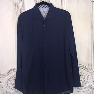 Men’s Mickelsons London Slim Fit Stretch Navy Dot Long Sleeve Dress Shirt Size L